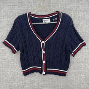 Vtg Preppy ABSOLUTELY COTTON Cardigan Womens S Blue Cable-Knit Short Sleeve